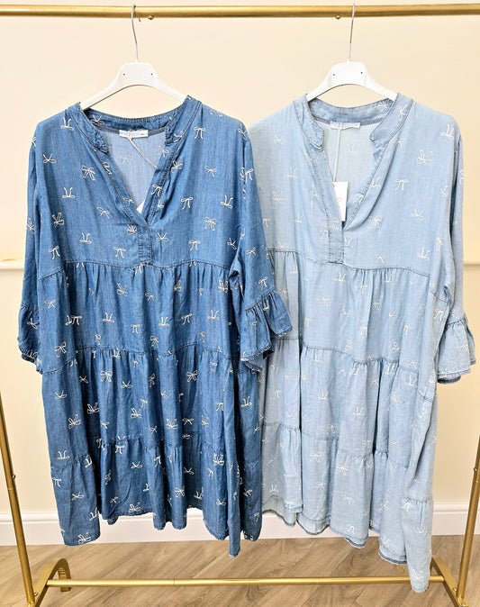 Bow Print Denim Dress