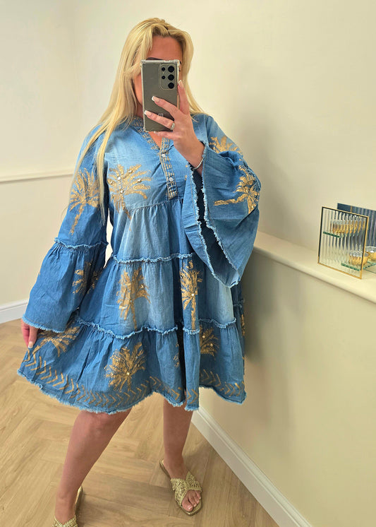 Boho Denim Palm Dress