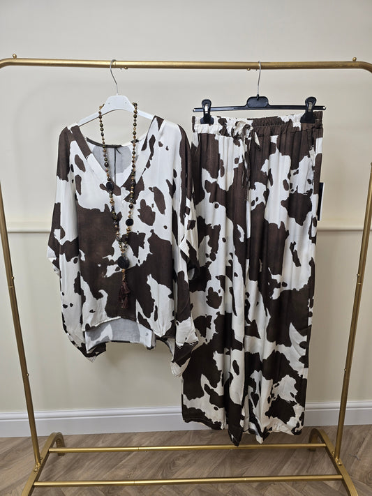 Premium Cow Print Satin Trouser Set