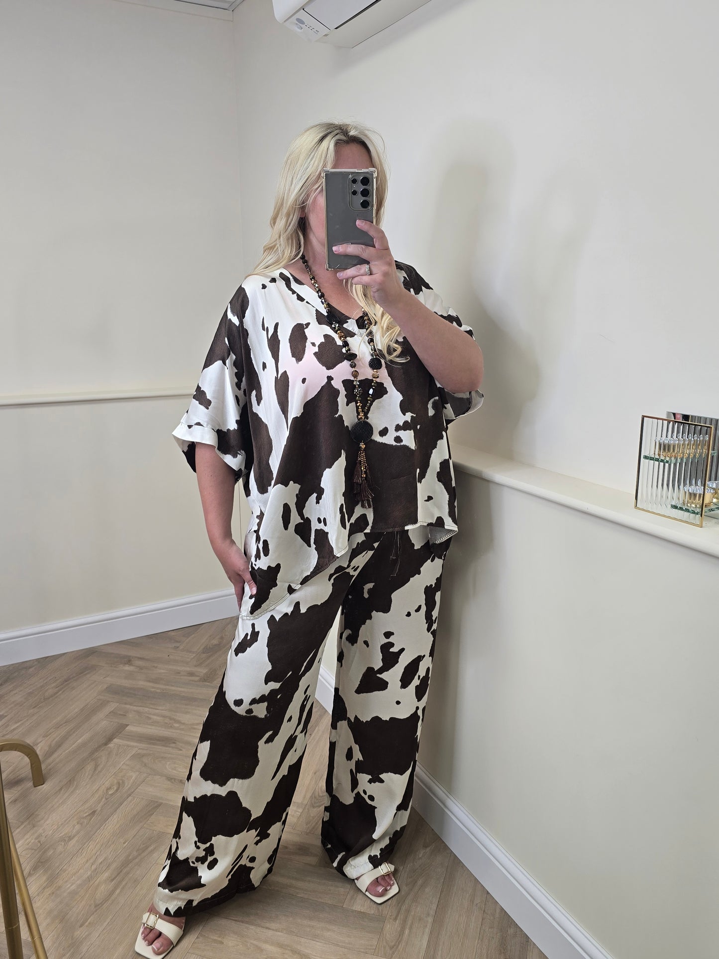 Premium Cow Print Satin Trouser Set