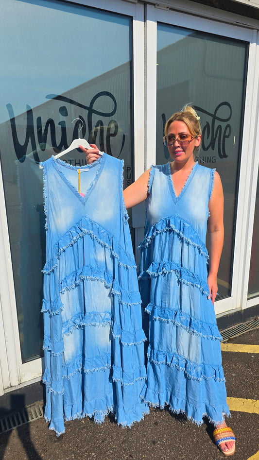 Boho Ruffle Soft Denim Dress