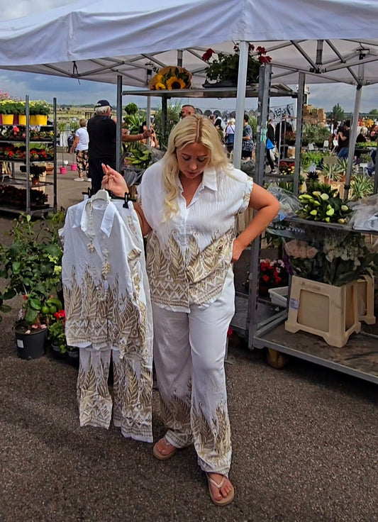 White & Gold Leaf Trouser Set