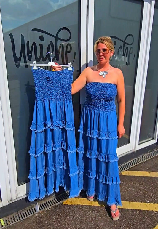 Boho Denim Ruched Ruffle Dress